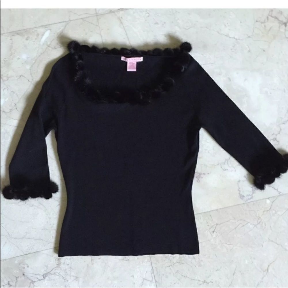 Tina Hagen Silk 3/4 Sleeve Top w/ Fur Pom Poms